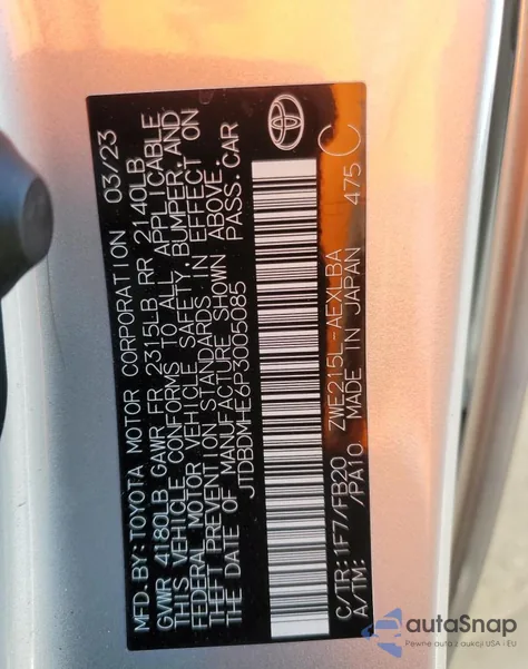 2023 Toyota Corolla Le из США, поврежденный, VIN JTDBDMHE6P3005085